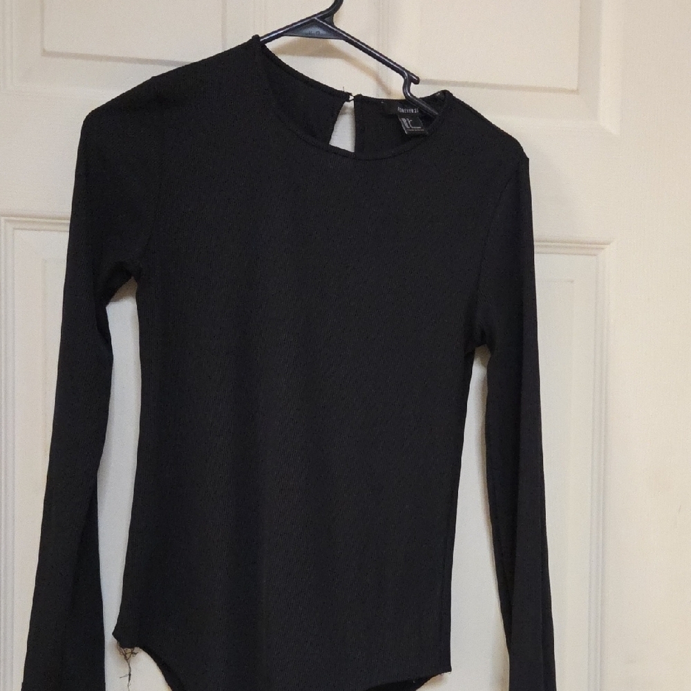 Forever 21 Black Ribbed Square Neck Long Sleeve Bodysuit Large Sz
